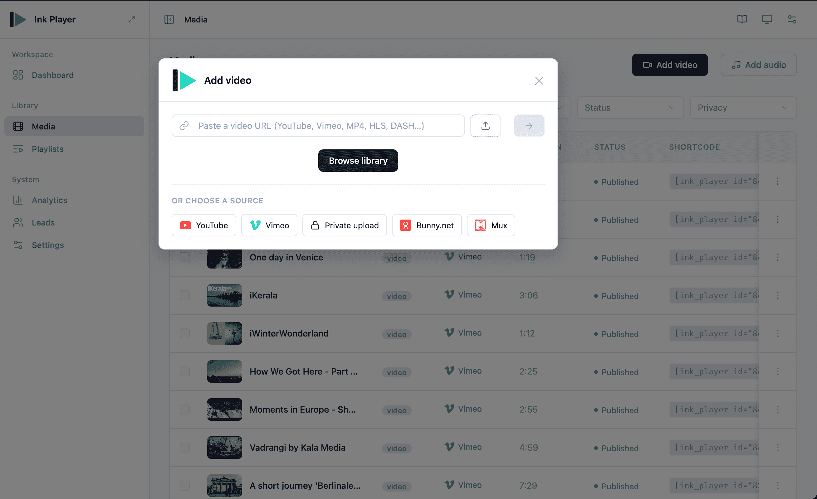 Add media dialog — upload, paste a URL, or pick a provider
