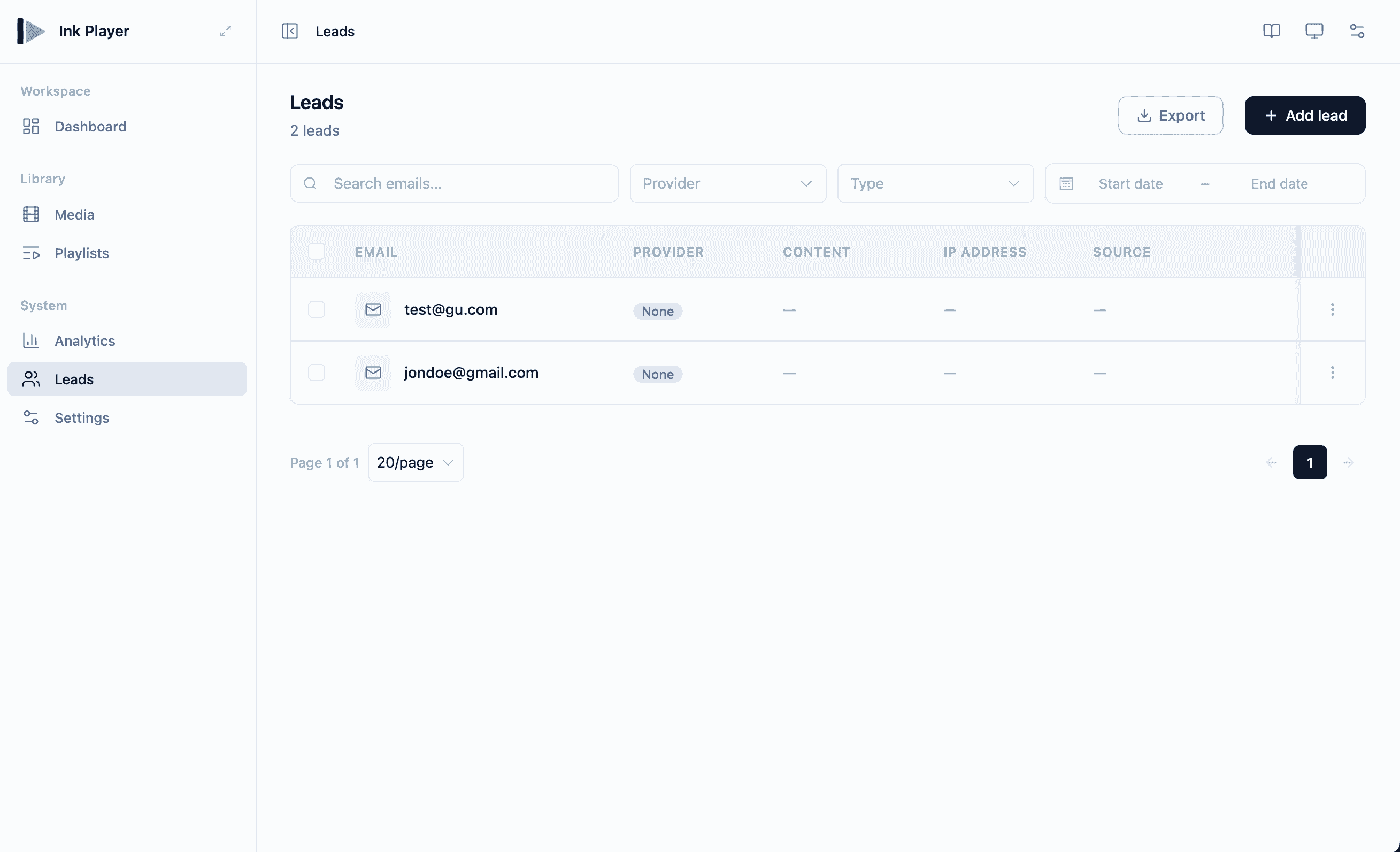 Leads table with email, source, and date