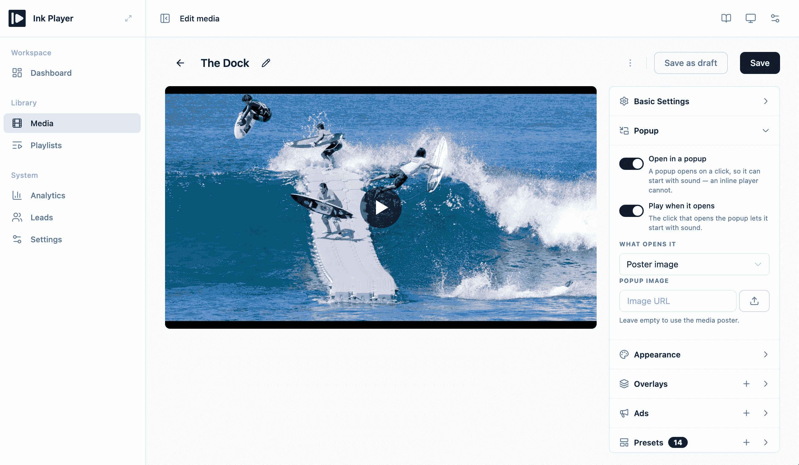 Popup panel in the media editor
