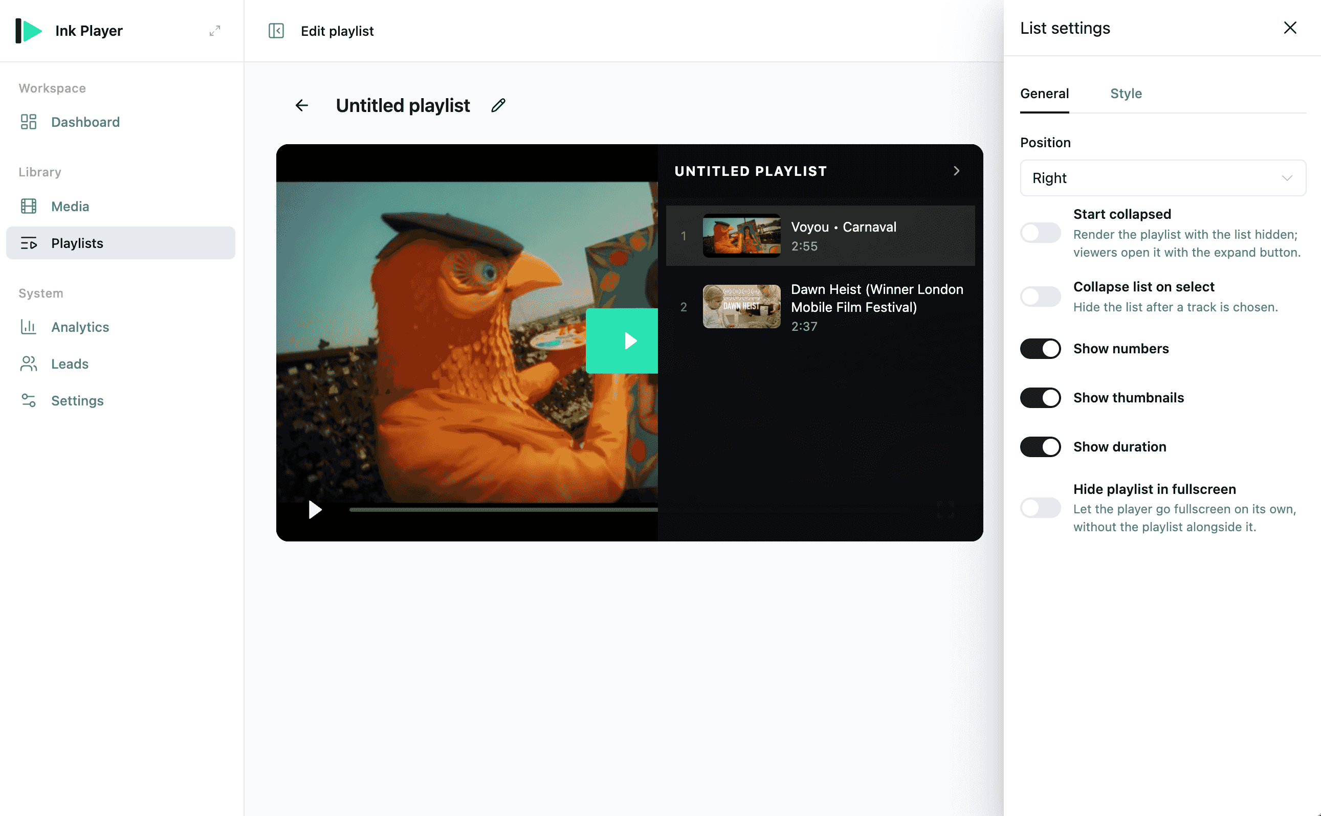 Playlist layout settings drawer — the General tab with position and display options