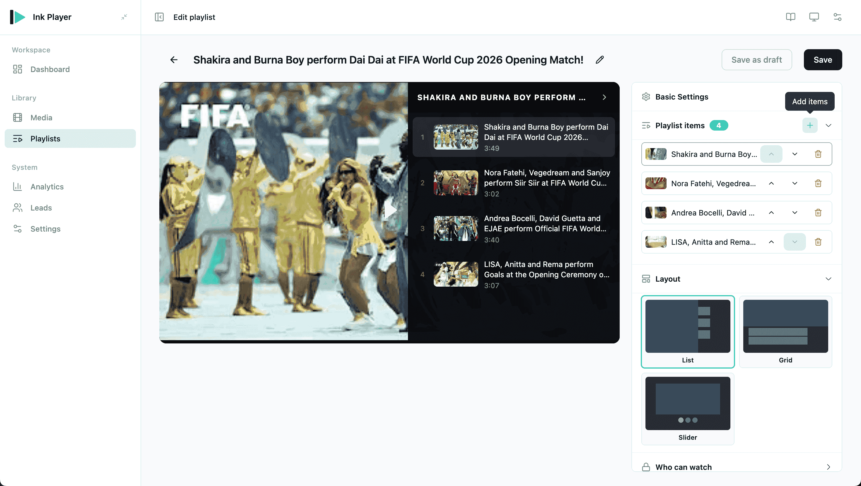 Playlist editor with items and layout