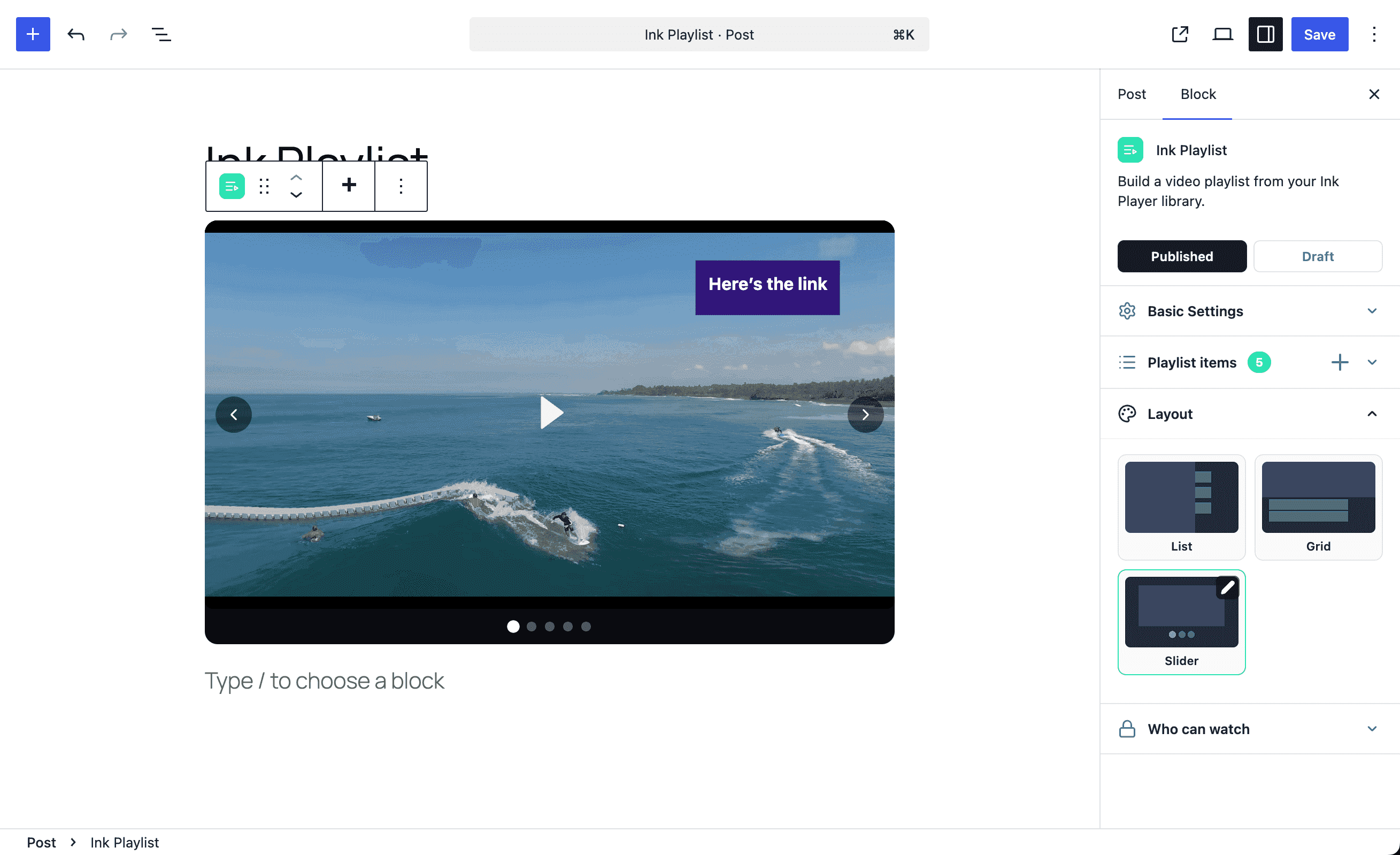 Layout panel — List, Grid, and Slider