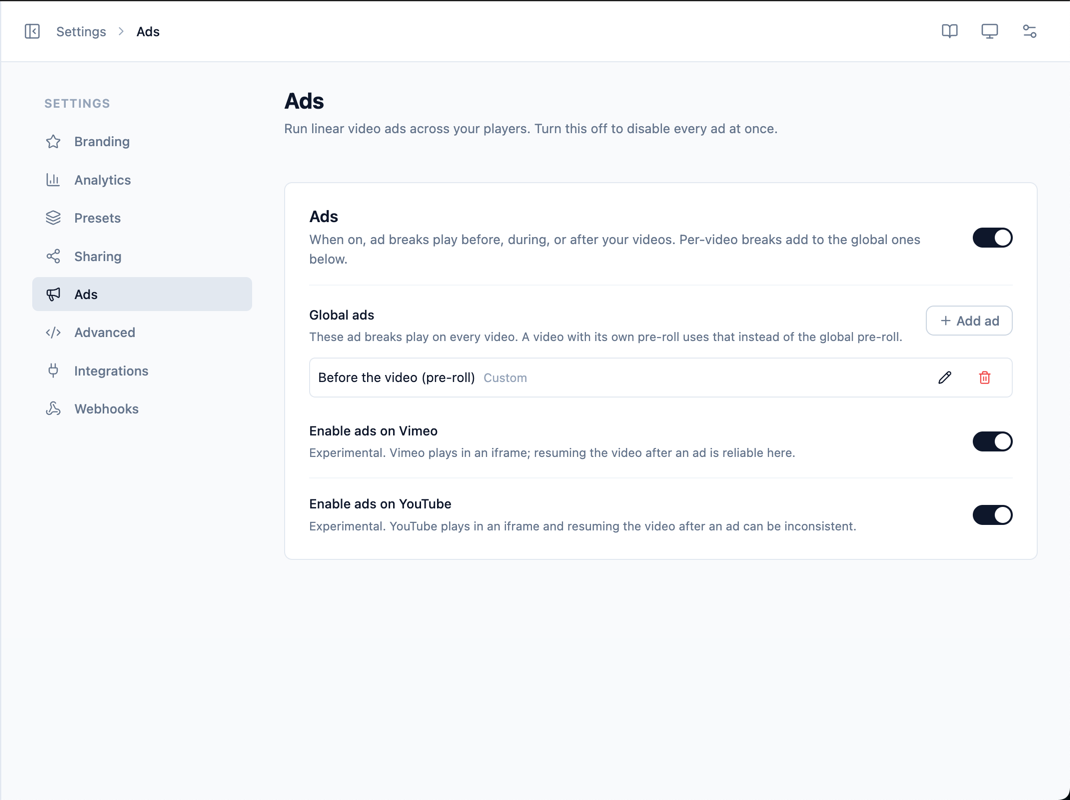 The Ads settings page — master toggle, global ads, and embed toggles