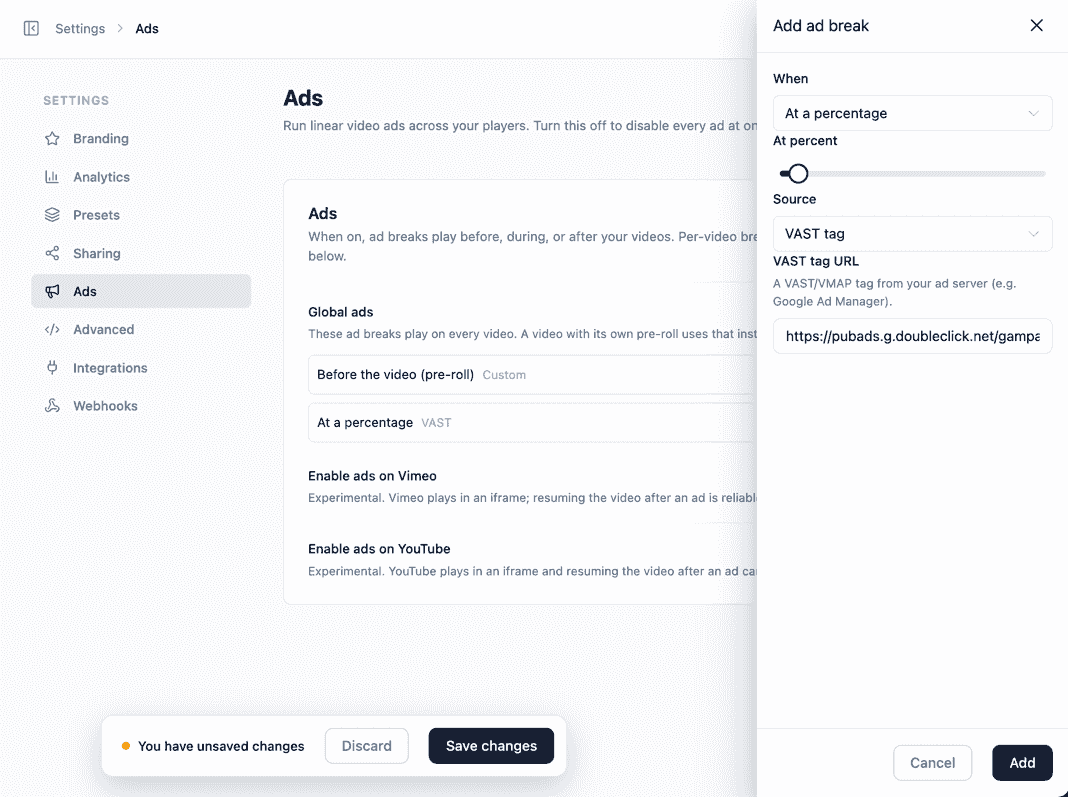 The Add ad break panel — When, Source, and the VAST tag URL