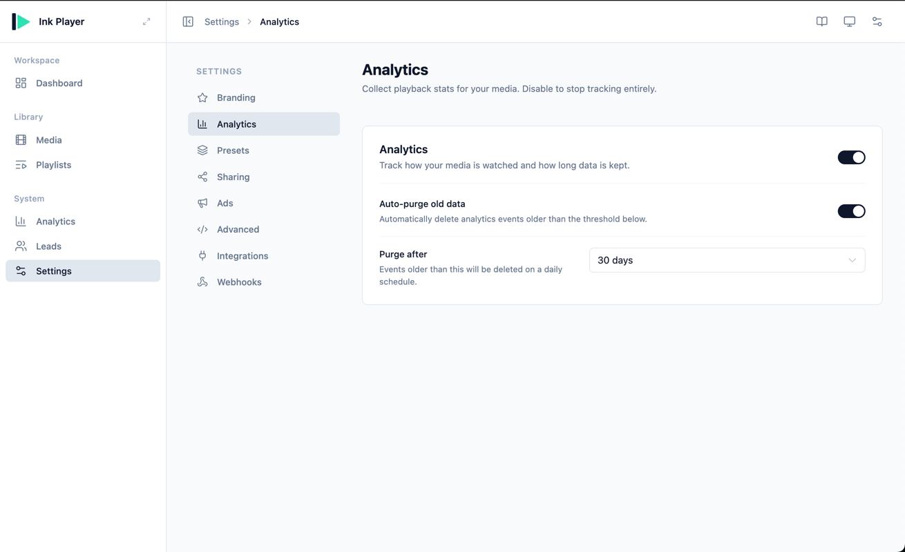Analytics settings with the retention period