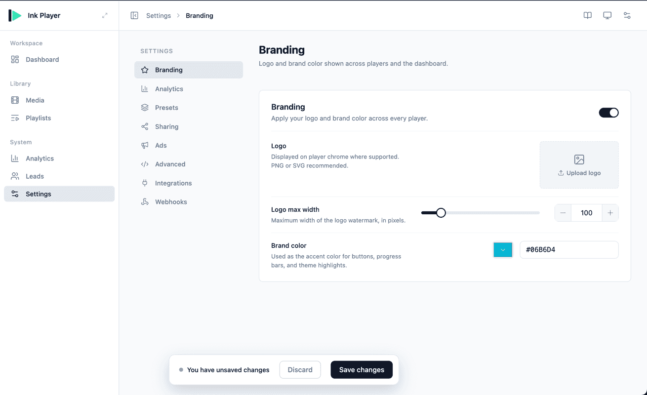 Global branding — logo, brand color, and max width