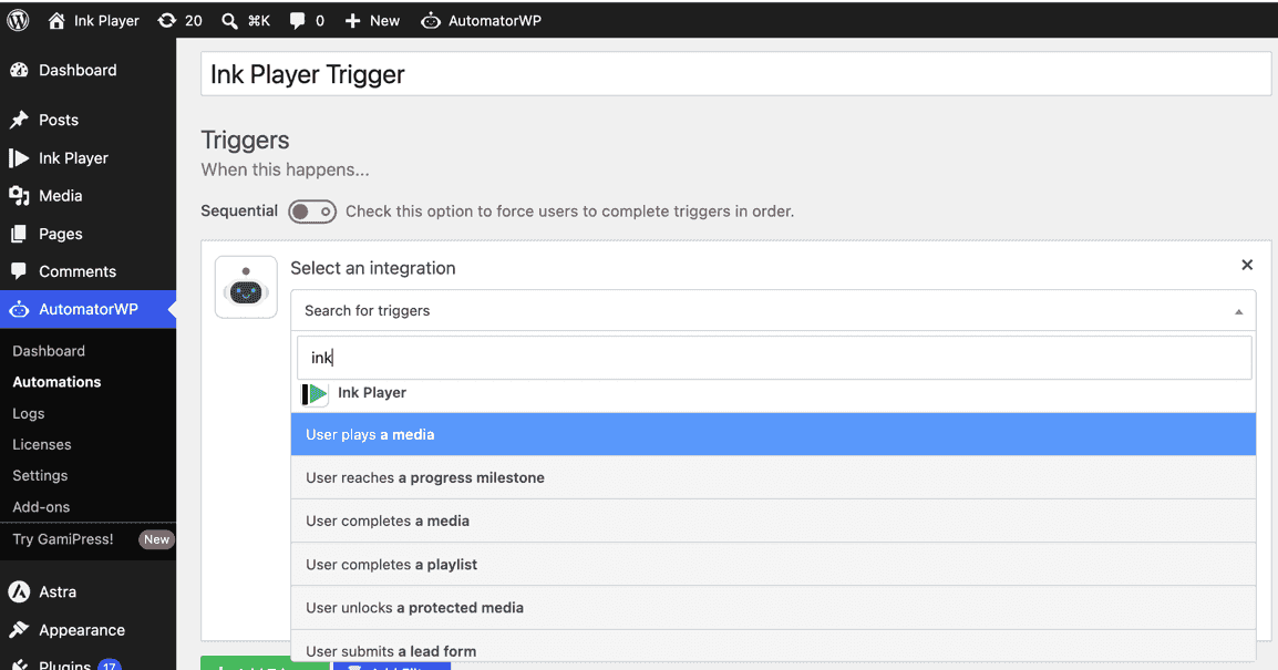 Choosing an Ink Player trigger in the AutomatorWP automation editor