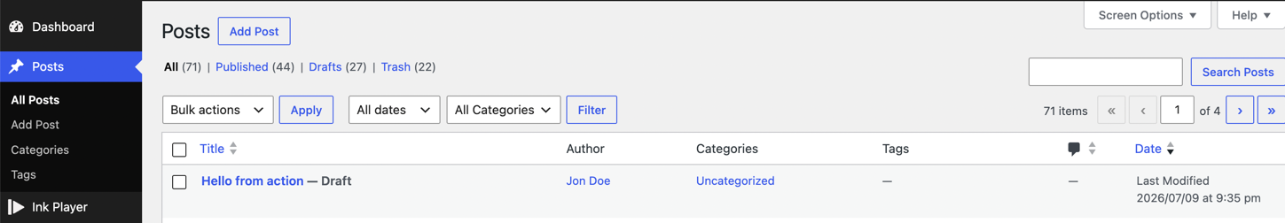 The WordPress Posts list showing the post created by the automation