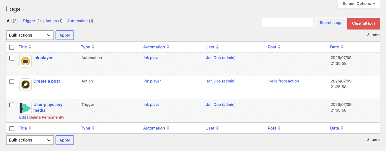 AutomatorWP logs showing the trigger, action, and automation all completed