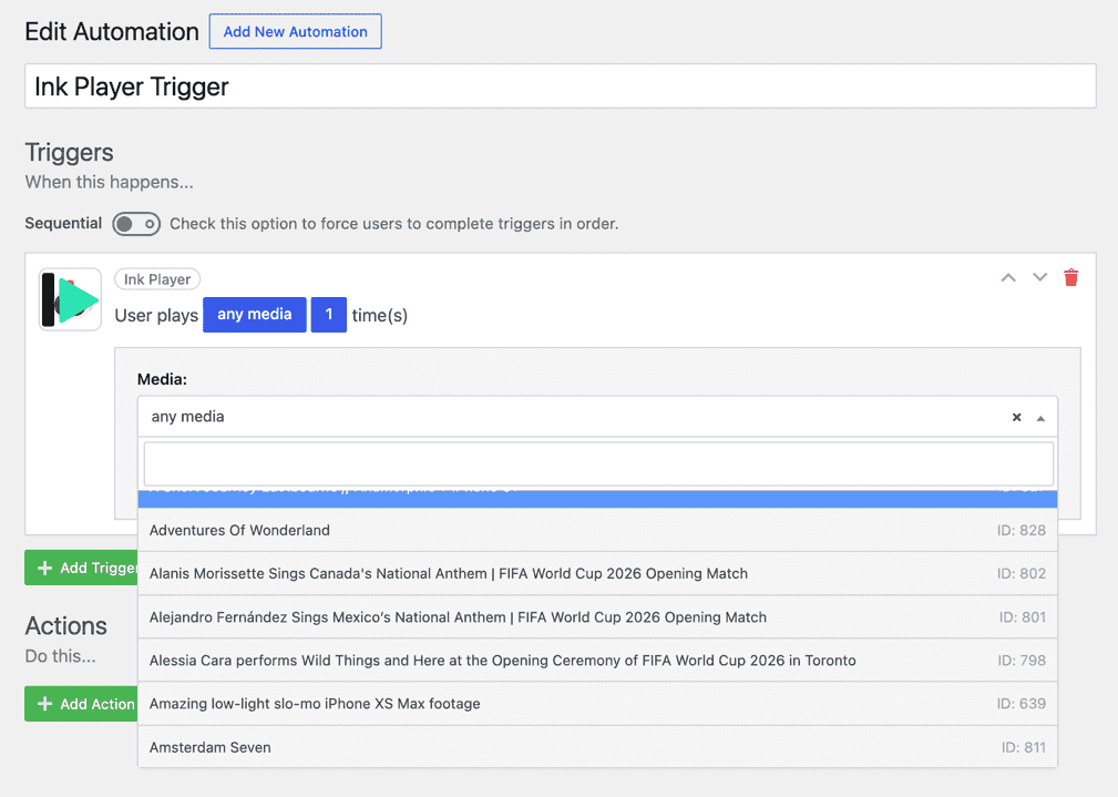 A configured Ink Player completion trigger