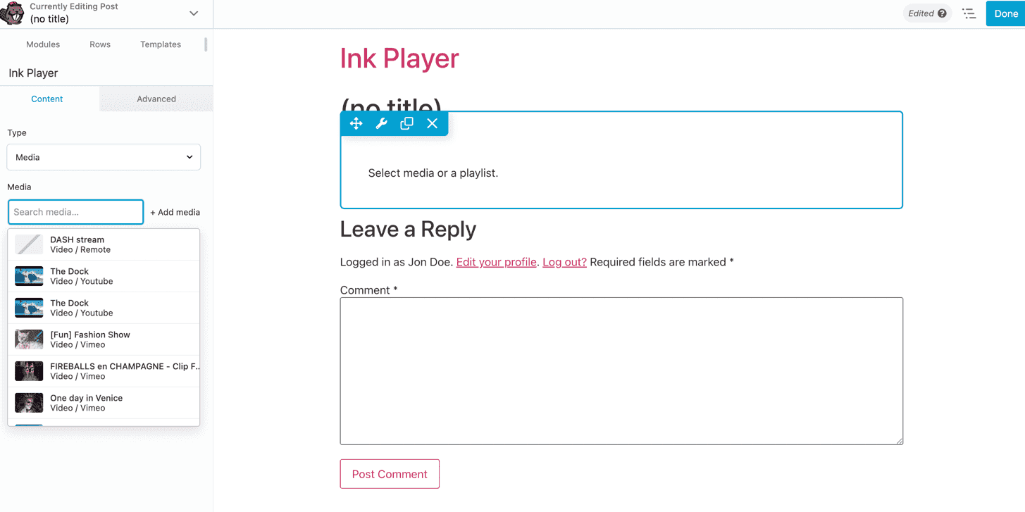 The Ink Player Beaver Builder module options