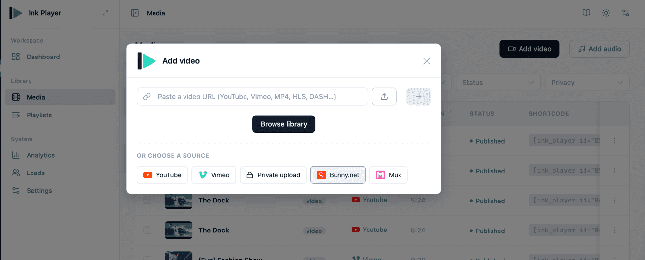 The Add video dialog with Bunny.net as a source option