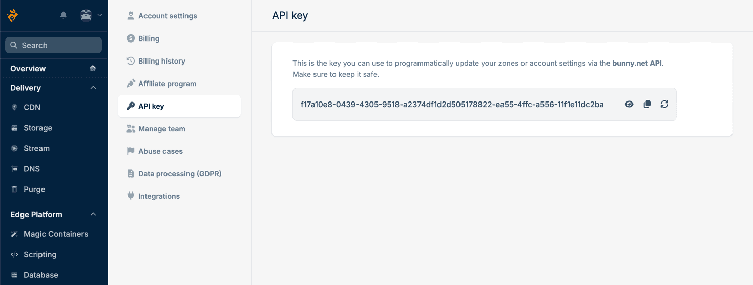 The API key page in the Bunny.net dashboard