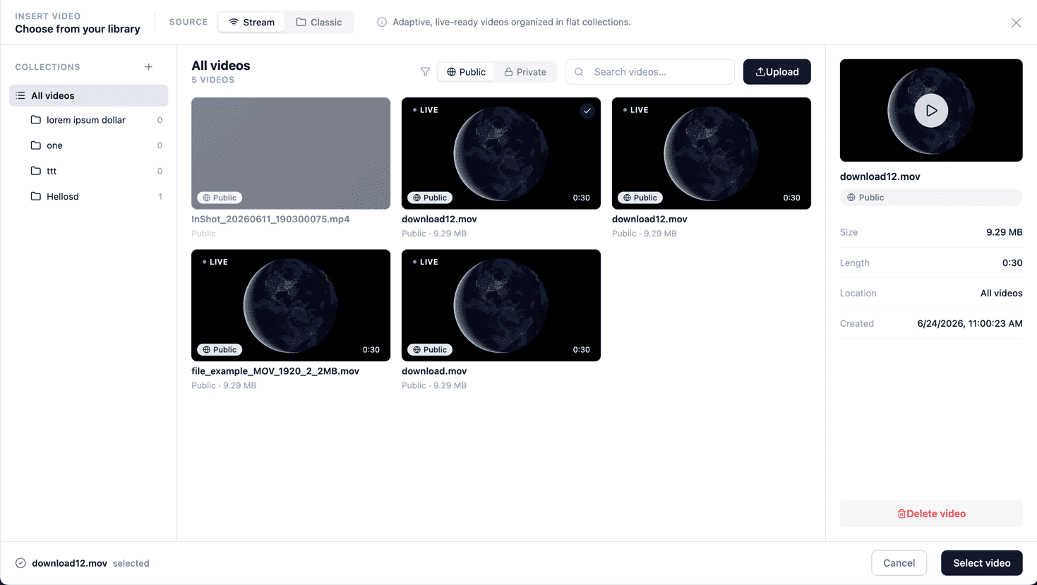The Bunny.net media picker with Stream/Classic source, public/private filter, and collections