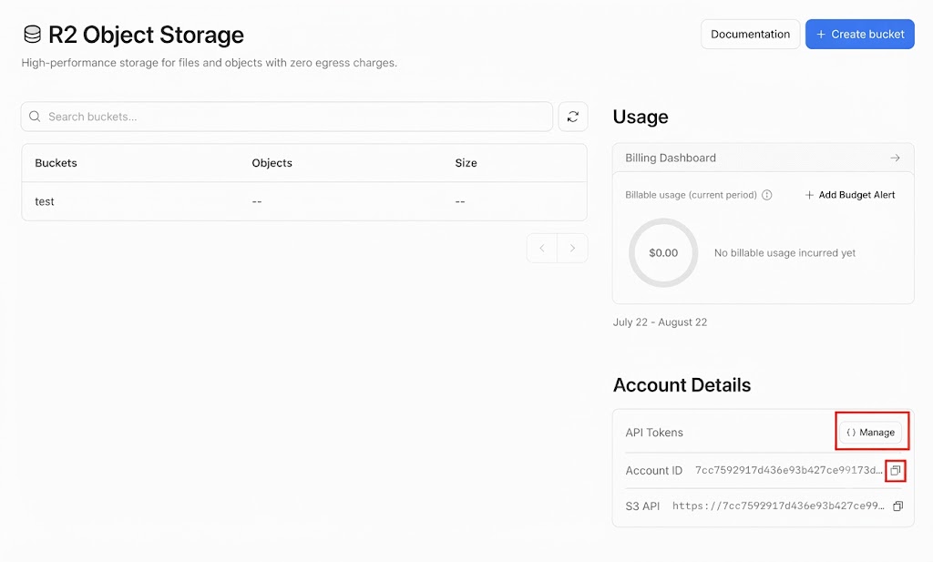 The R2 Overview page showing the Account ID and the API Tokens Manage button
