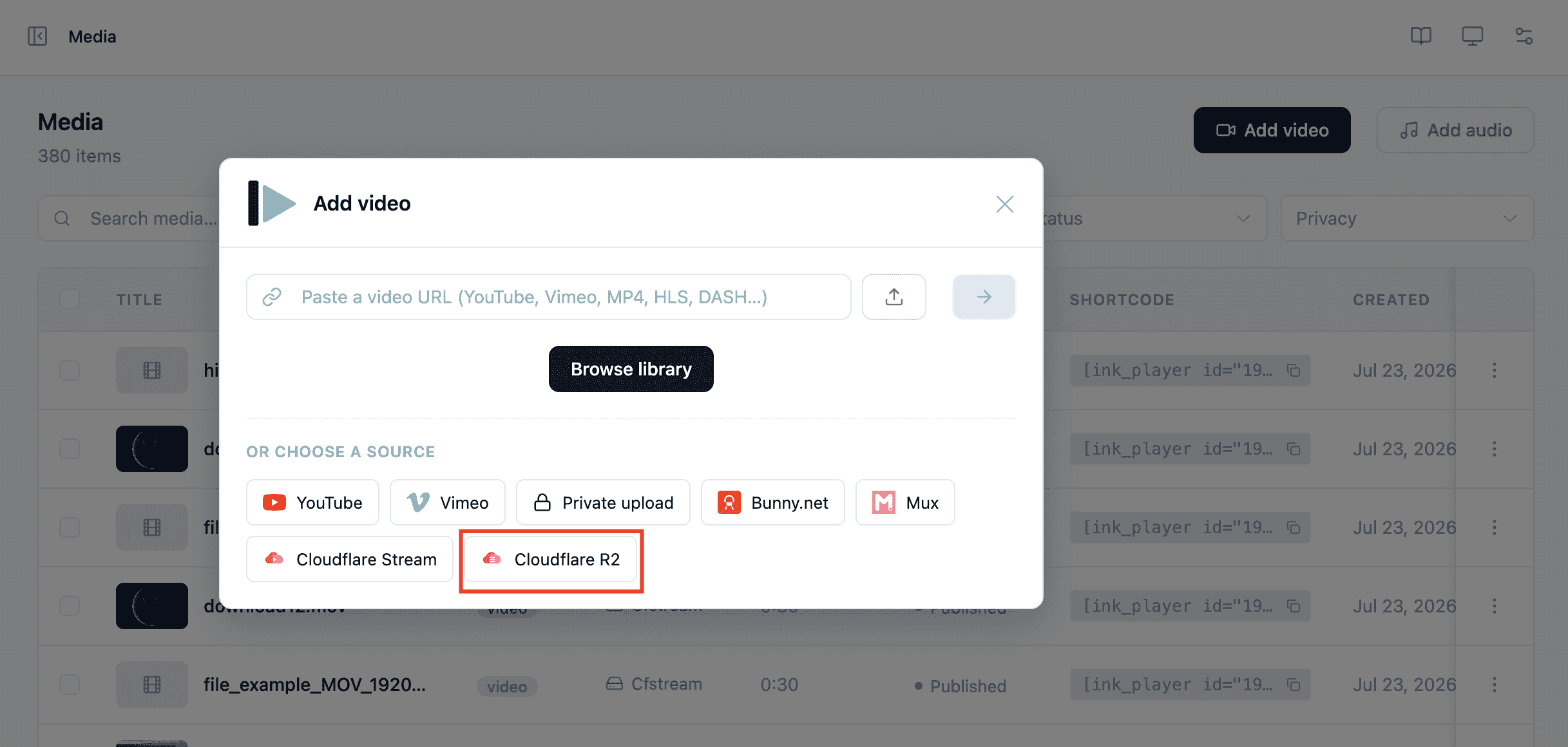 The Add video dialog with Cloudflare R2 as a source option