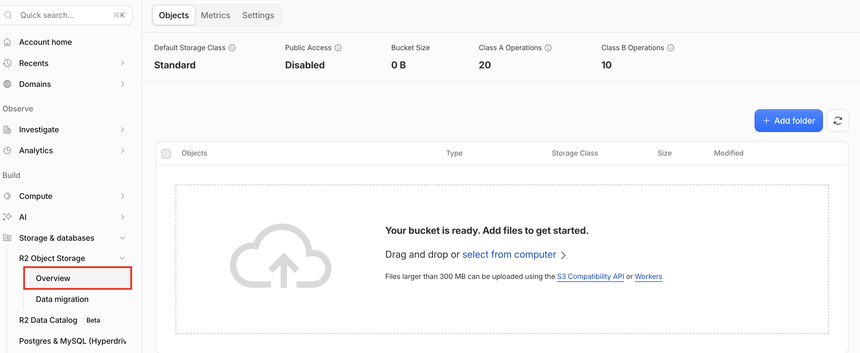 The newly created R2 bucket's Objects view with the Overview item highlighted in the sidebar