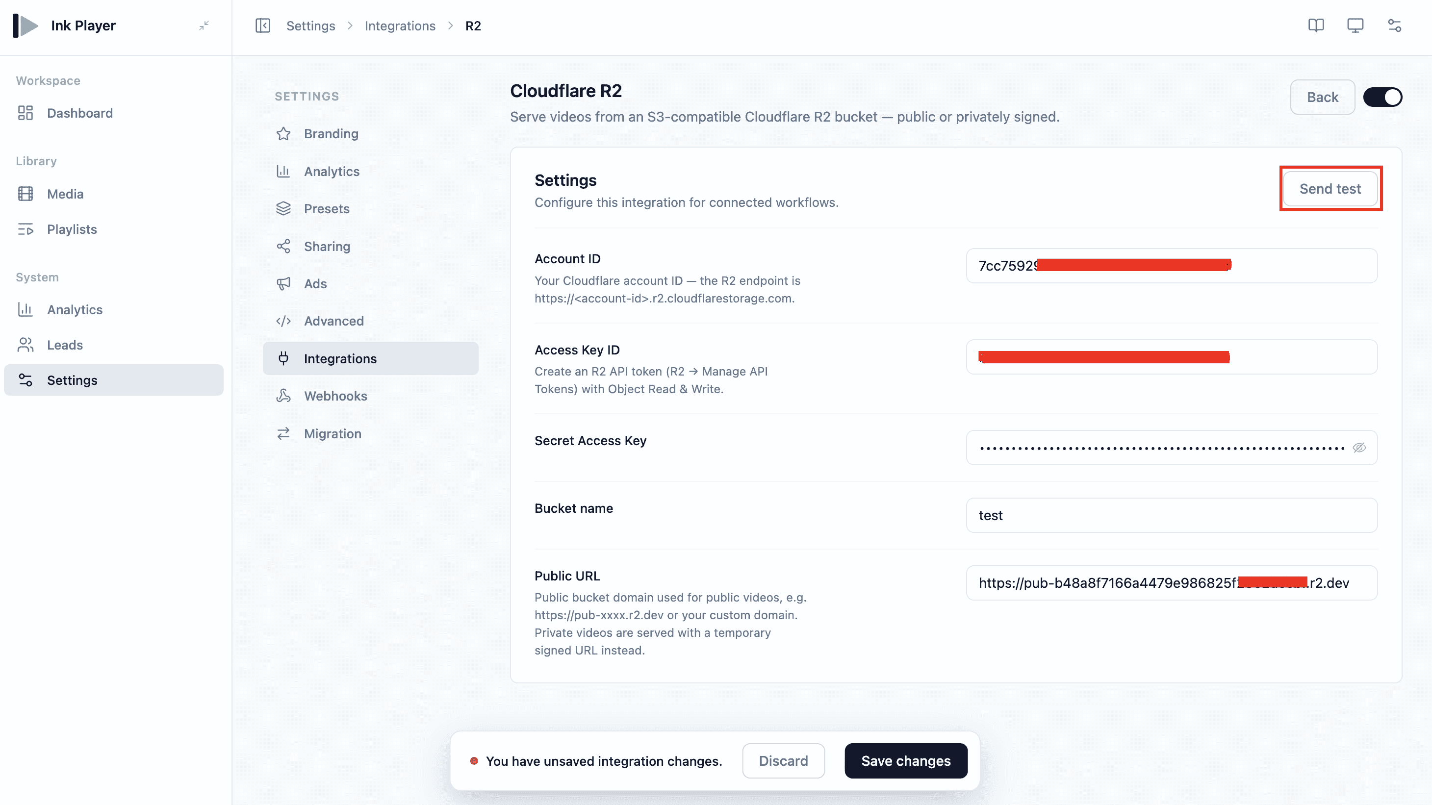 The Cloudflare R2 settings form in Ink Player with credential fields and Send test