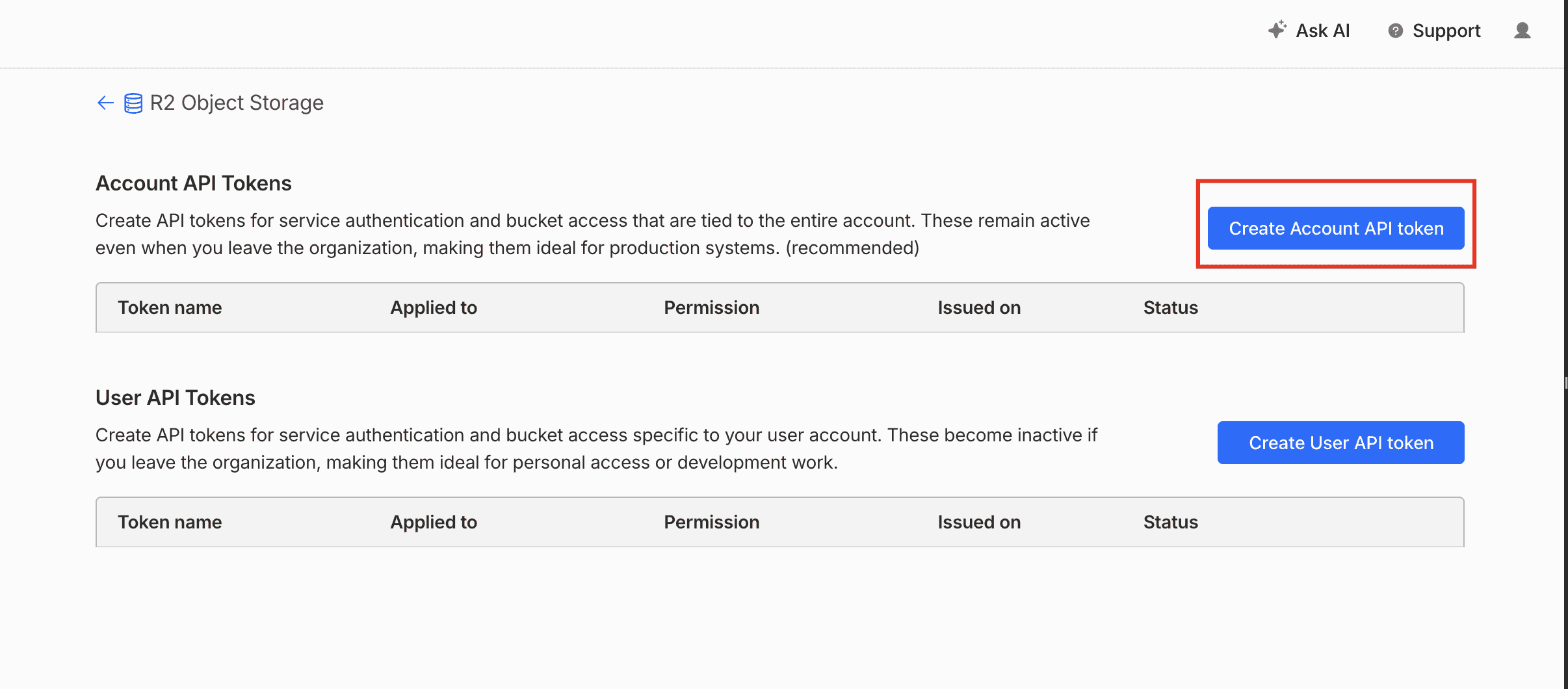 The Account API Tokens page with the Create Account API token button