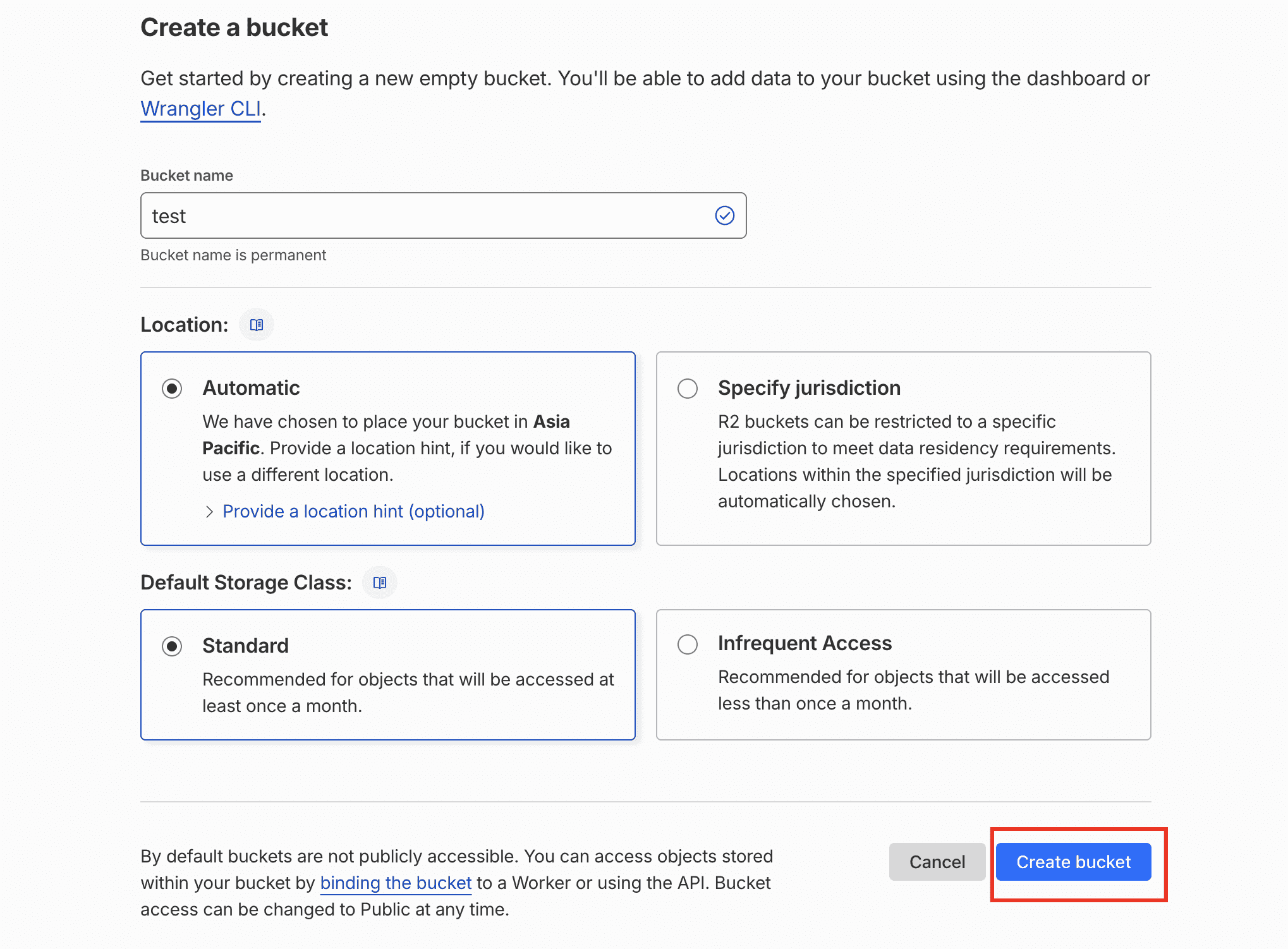The Create a bucket form with a bucket name field