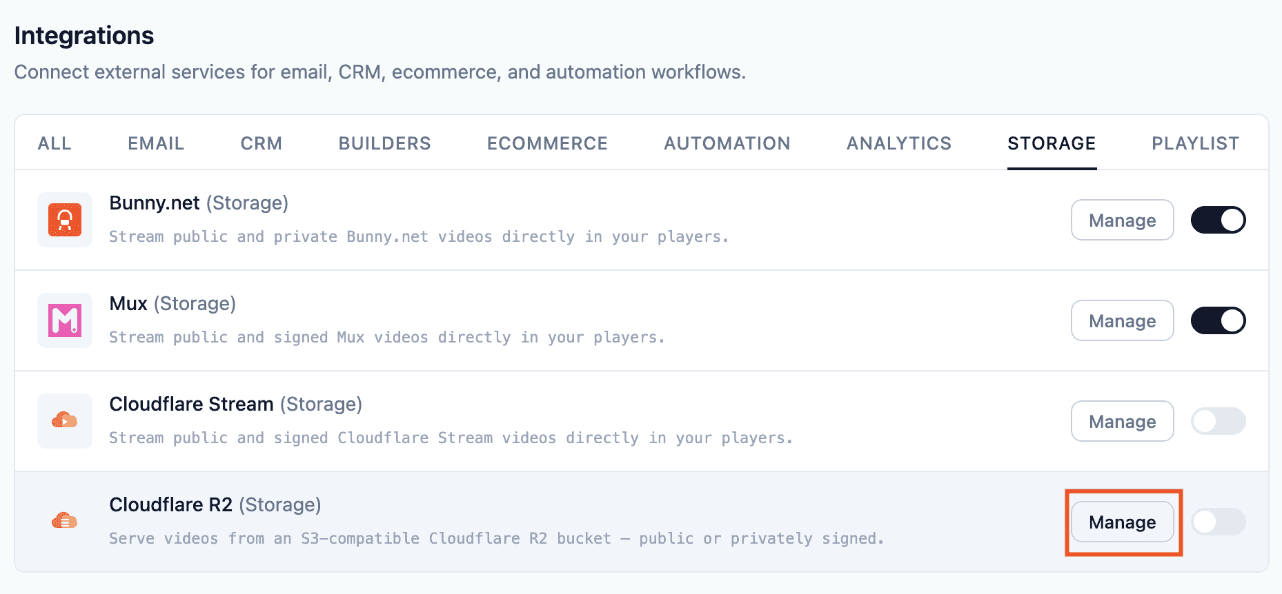 The Ink Player Integrations grid with Cloudflare R2 and its Manage button