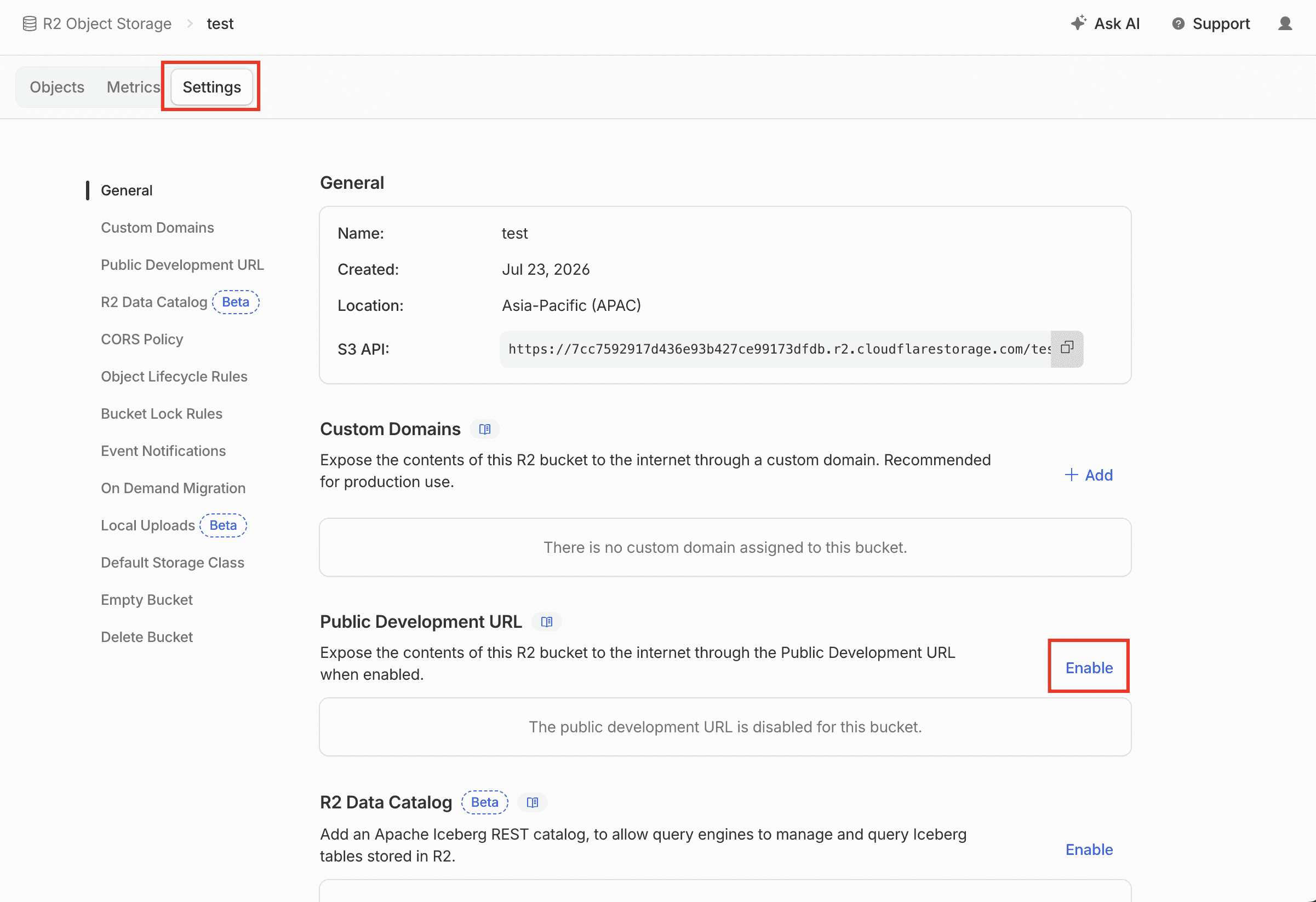 The bucket Settings page with the Public Development URL Enable button