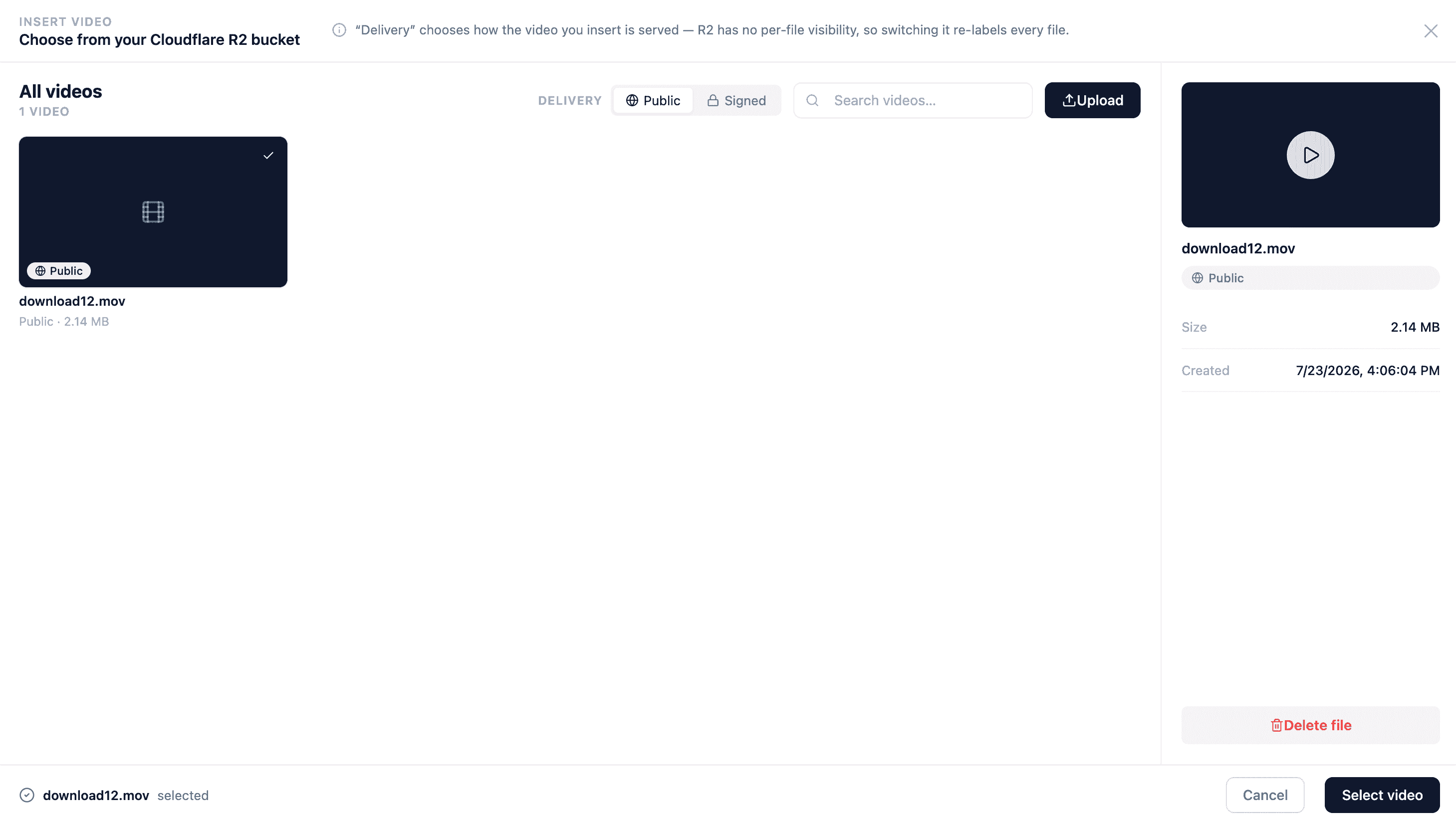 The Cloudflare R2 media picker with the Public/Signed delivery toggle and a video list