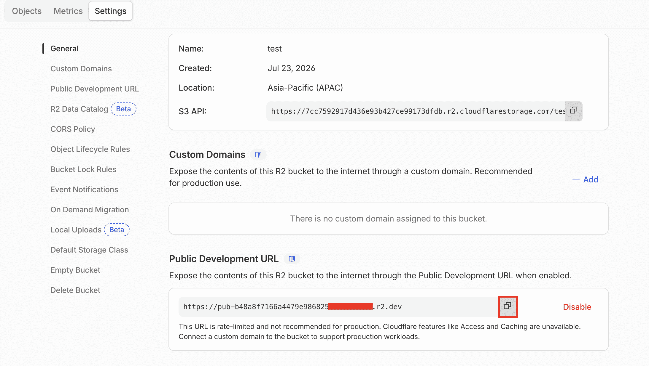 The enabled r2.dev public development URL with a copy button