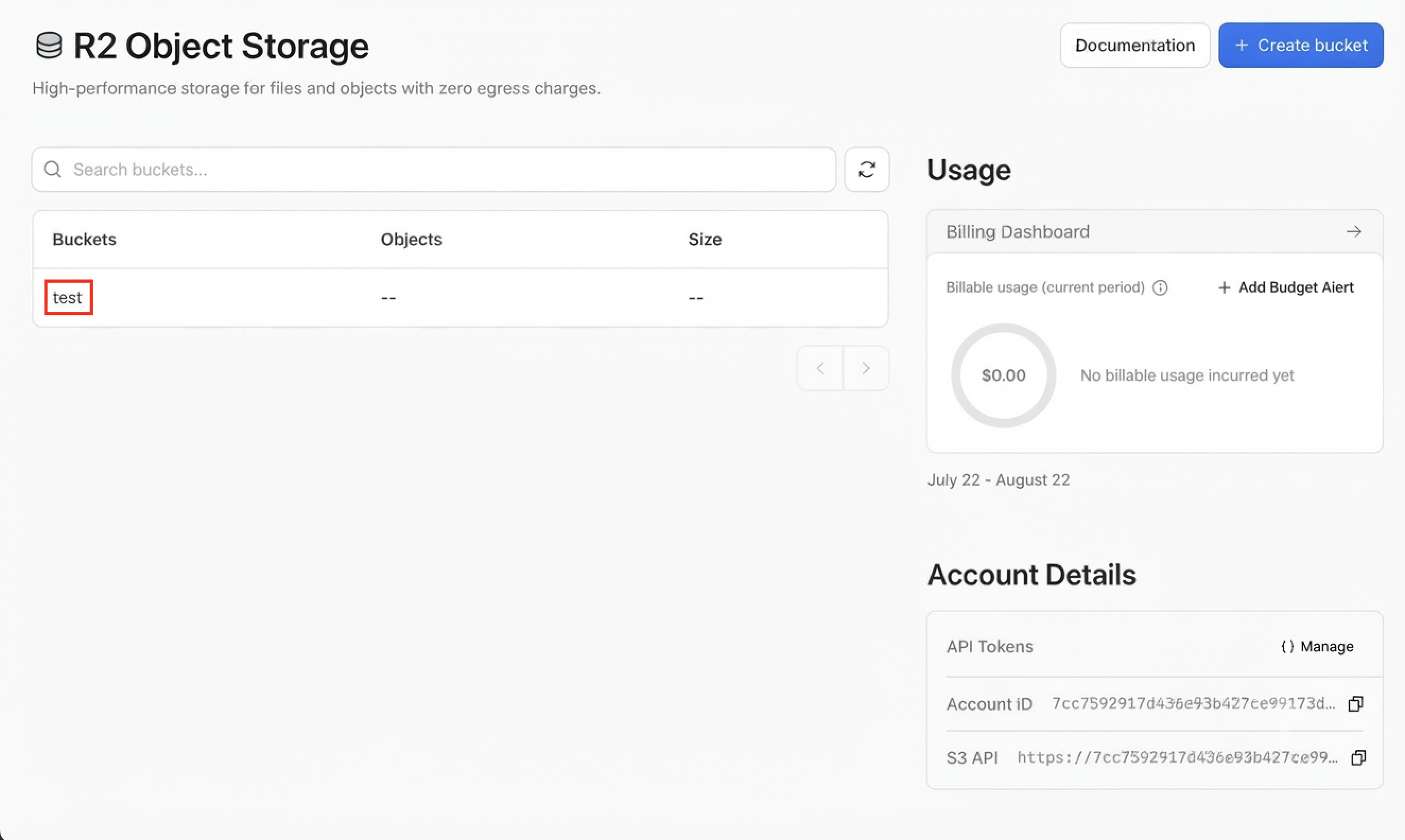 The Cloudflare R2 Object Storage dashboard with a bucket in the list
