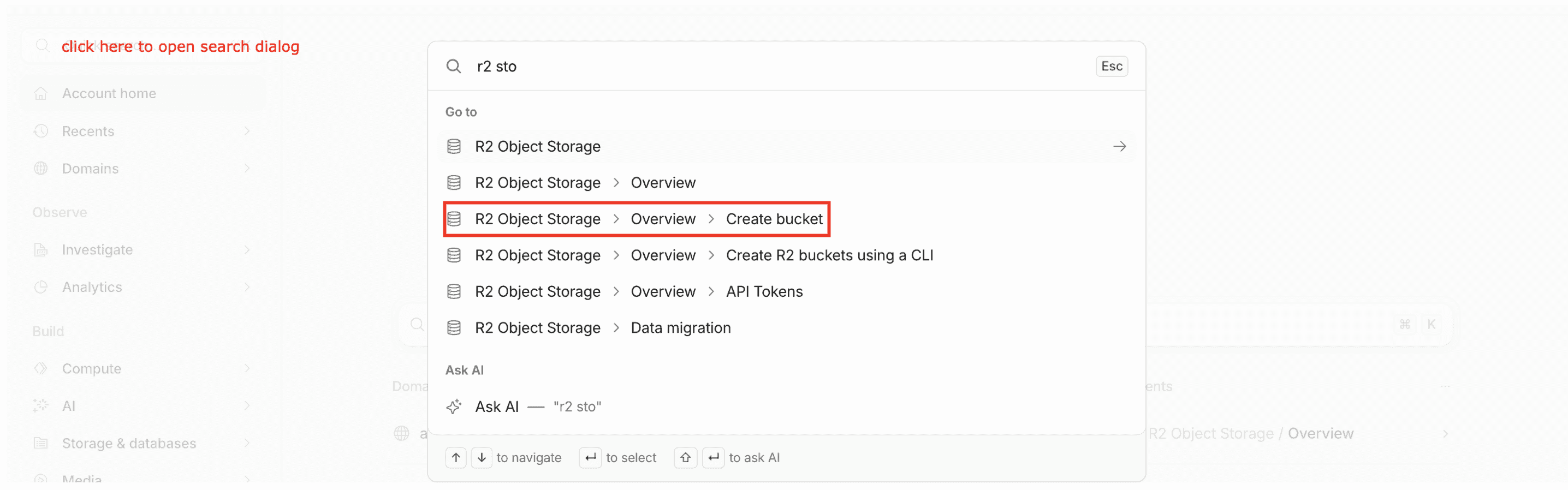 Cloudflare quick search jumping to R2 Object Storage → Create bucket