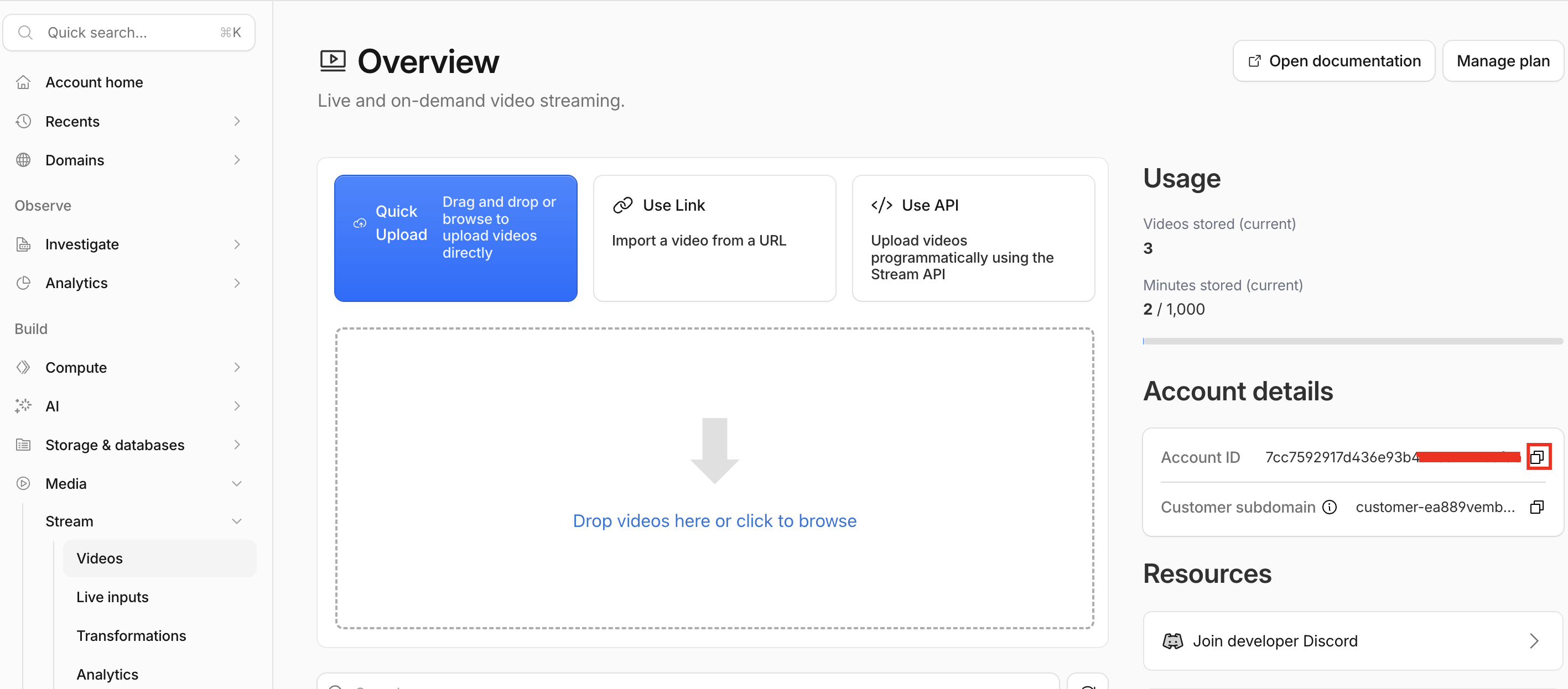 The Stream Overview page with the Account ID in the right sidebar