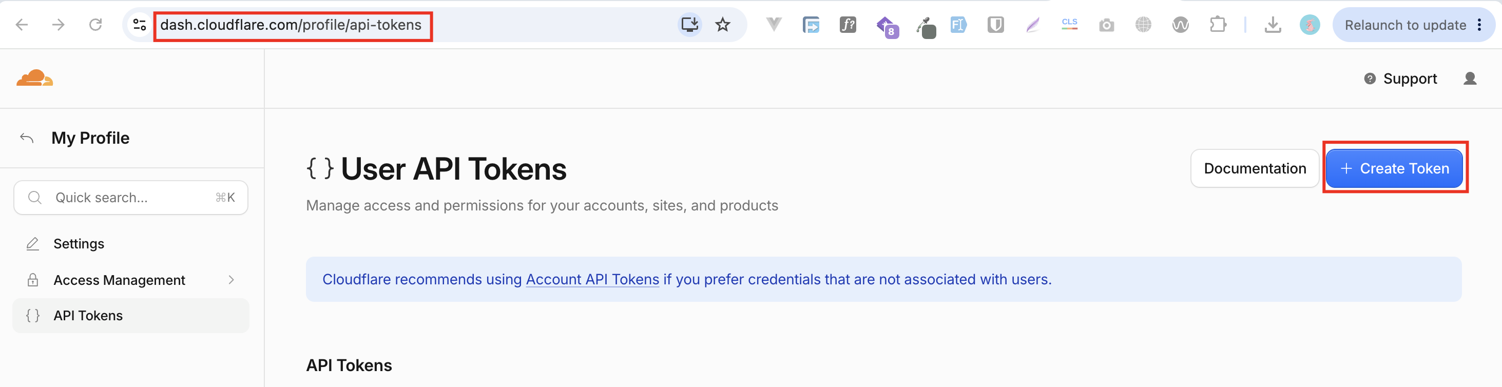 The Cloudflare User API Tokens page with the Create Token button