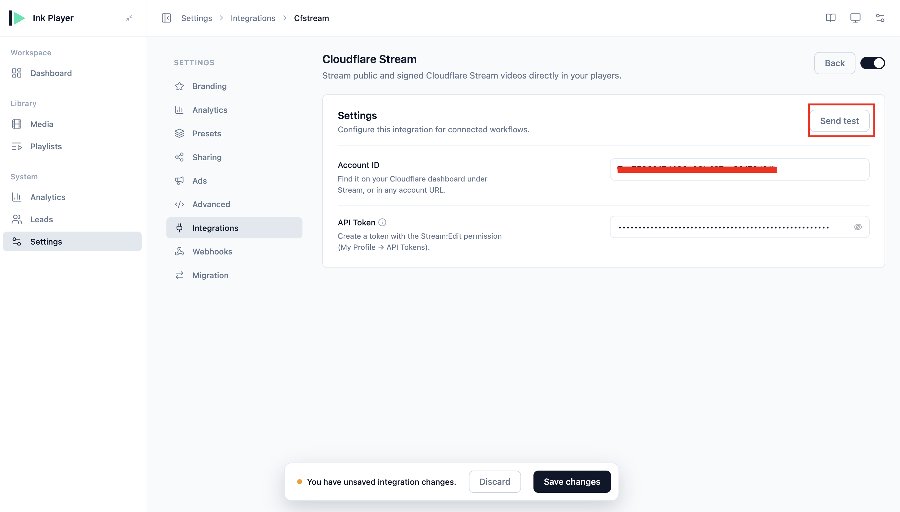 The Cloudflare Stream settings form in Ink Player with Account ID and API Token fields and Send test