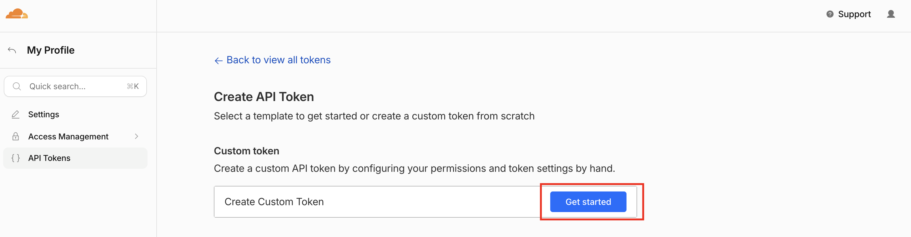 The Create API Token page with the Create Custom Token Get started button