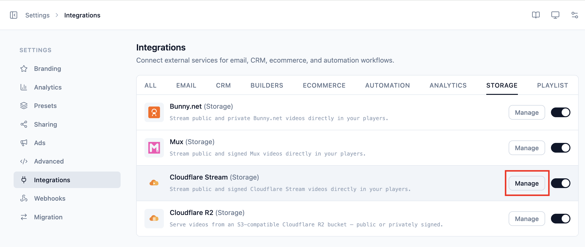 The Ink Player Integrations grid with Cloudflare Stream and its Manage button