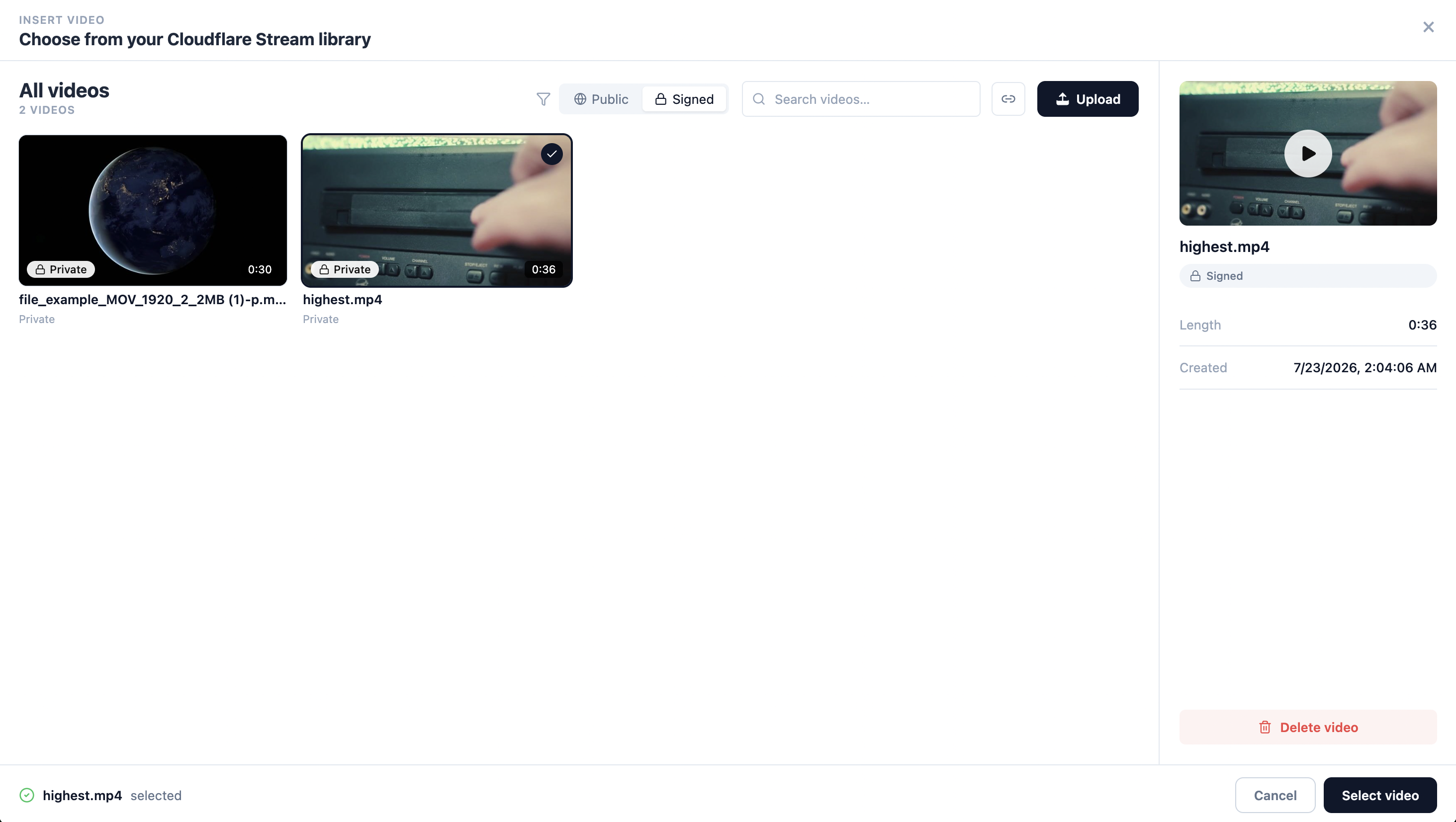 The Cloudflare Stream media picker with the Public/Signed toggle and a video grid