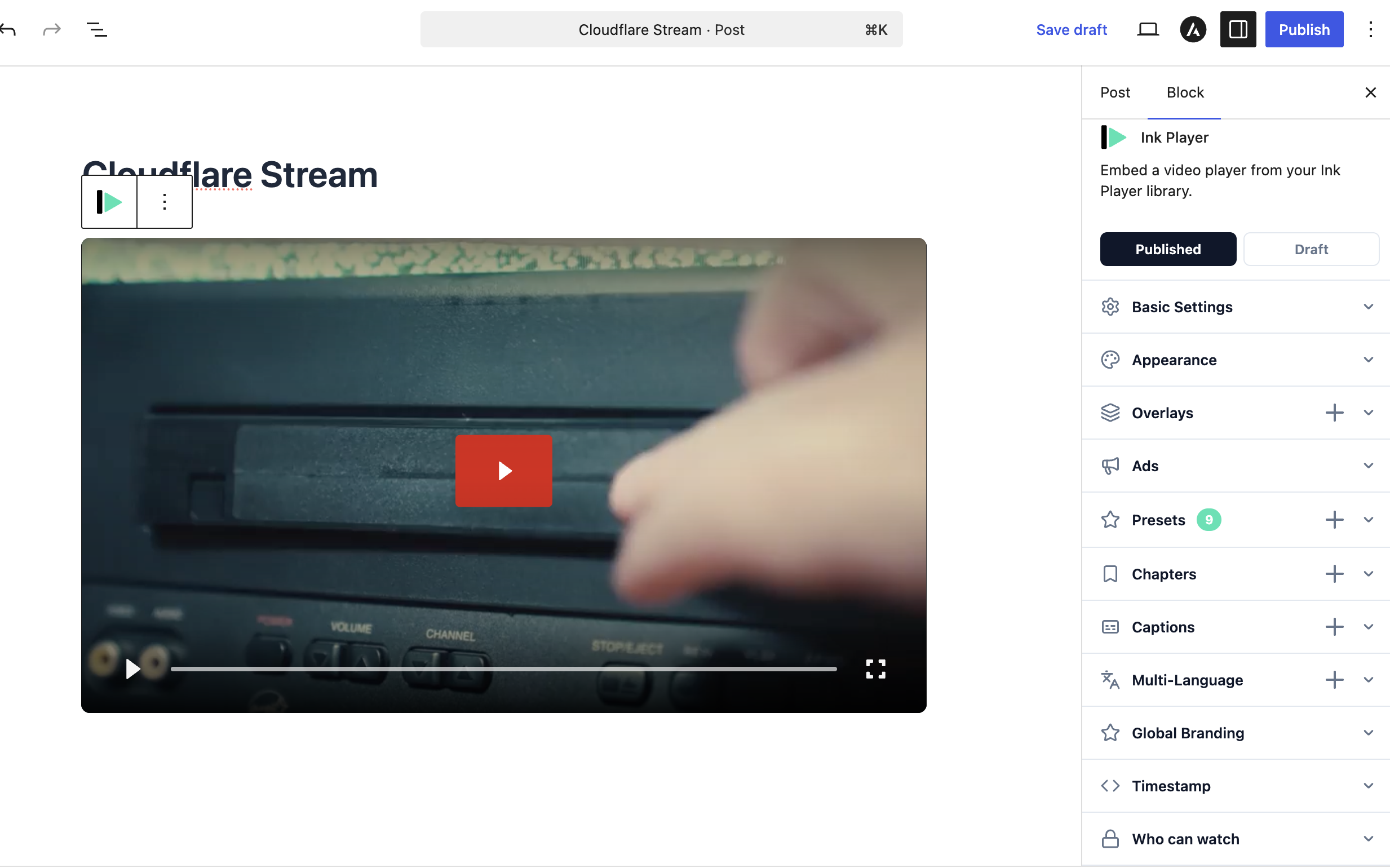 A Cloudflare Stream video playing in the Ink Player block editor