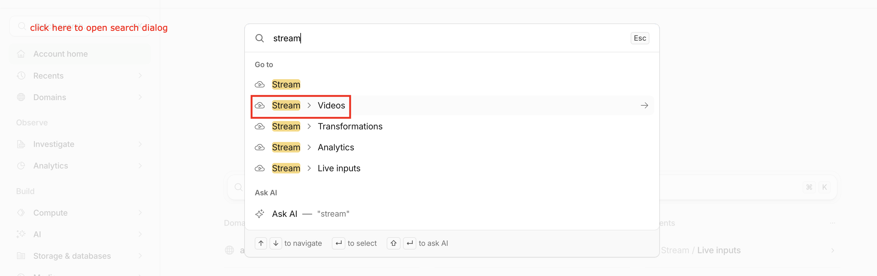 The Cloudflare quick search jumping to Stream → Videos