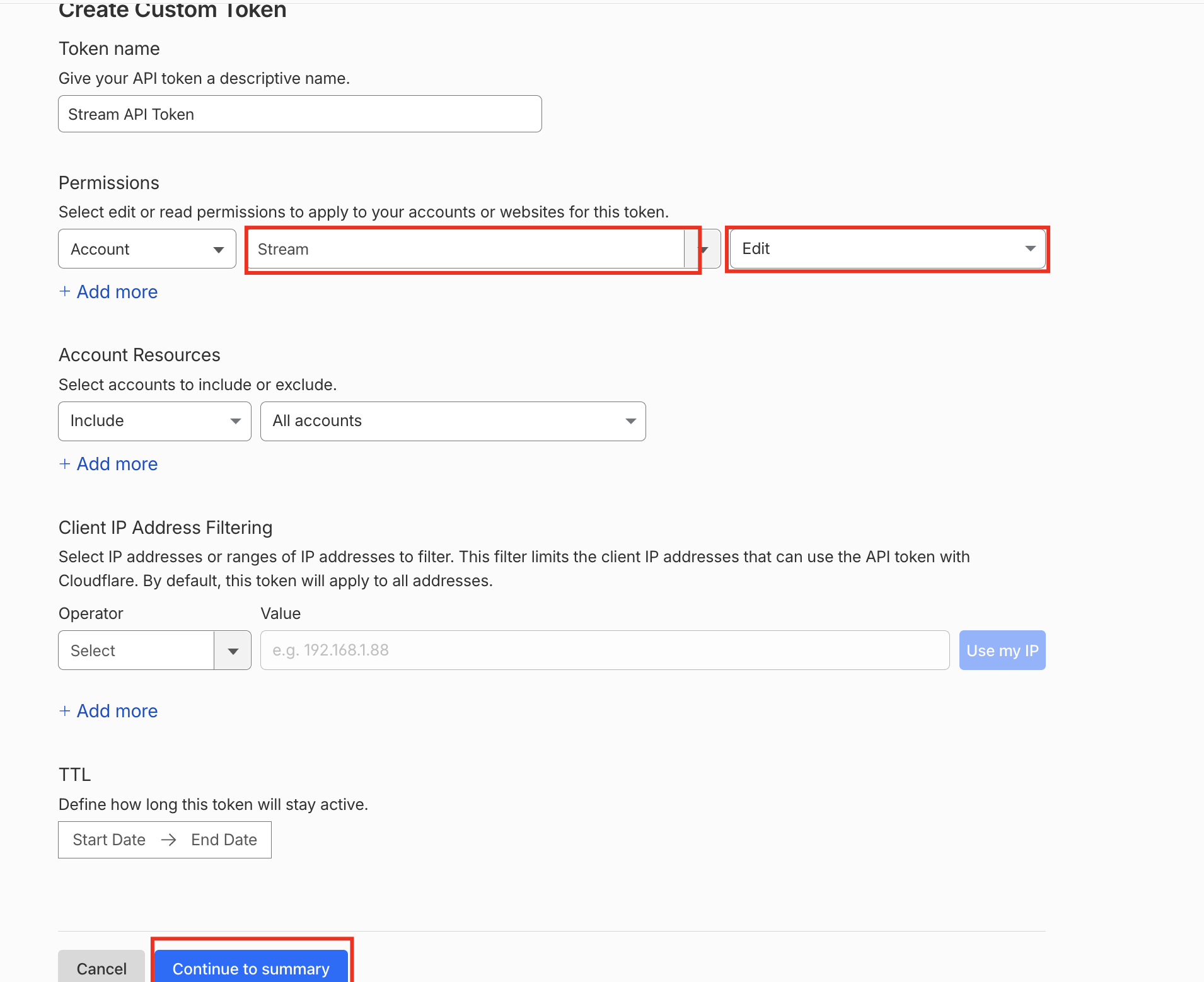 The custom token form with Account · Stream · Edit permission selected