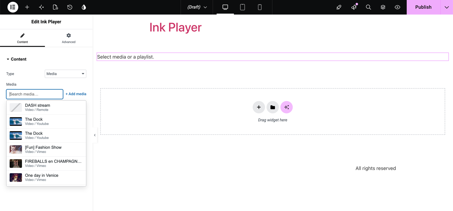 The Ink Player Elementor widget options