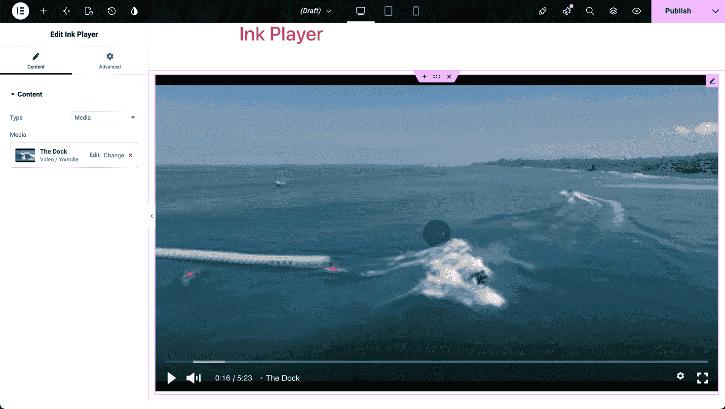 The Ink Player Elementor widget live preview