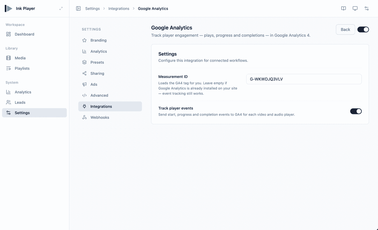 Google Analytics — Measurement ID and event toggle