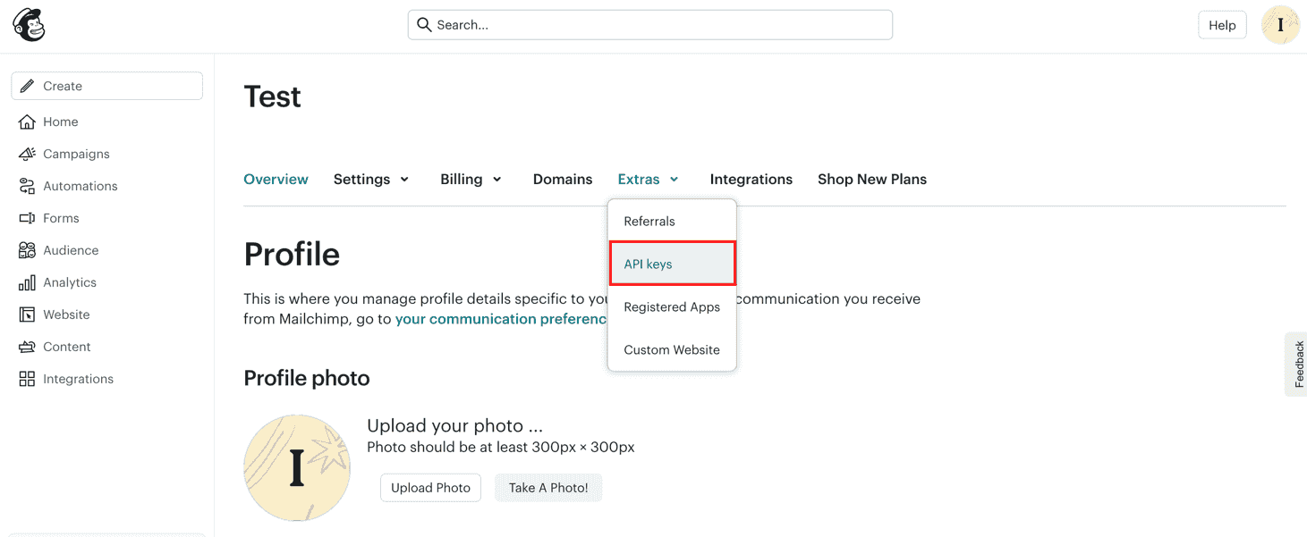 The Extras → API keys menu in Mailchimp