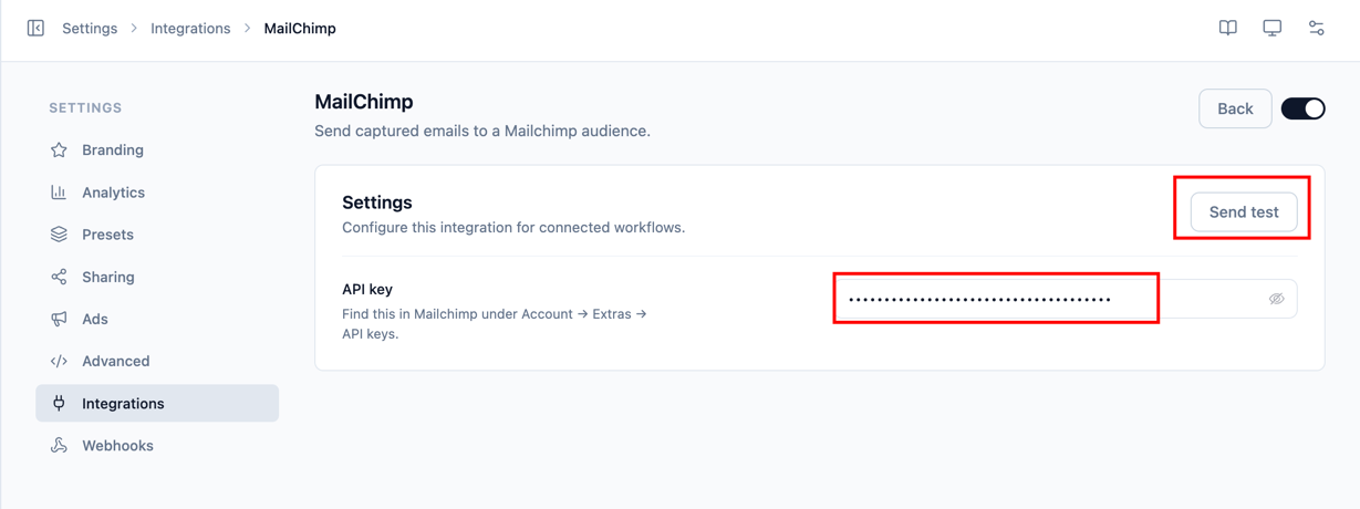The Mailchimp integration settings with the API key field and Send test button