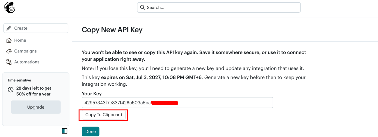 Copying the newly generated Mailchimp API key