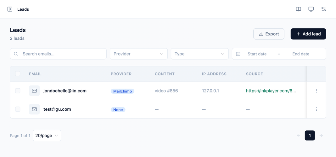 The Ink Player Leads page showing a lead with the Mailchimp provider