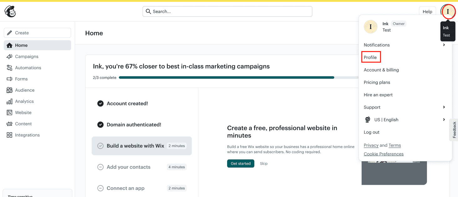 The Mailchimp profile menu