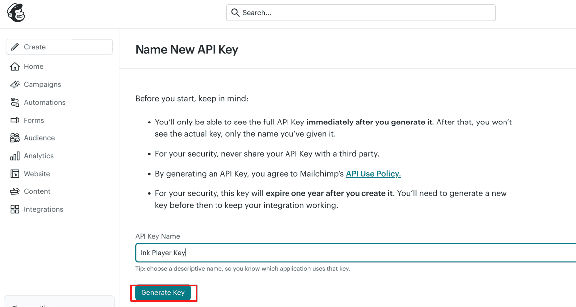 Naming a new Mailchimp API key