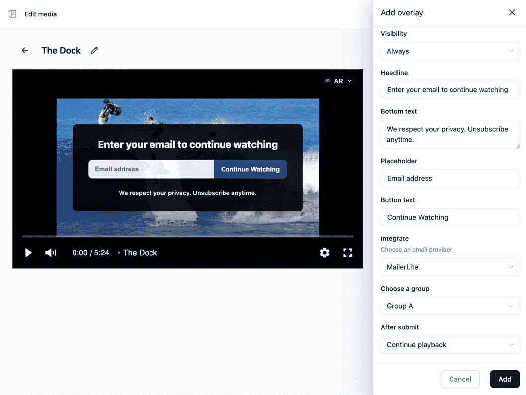 An email-gate overlay set to MailerLite with a group selected