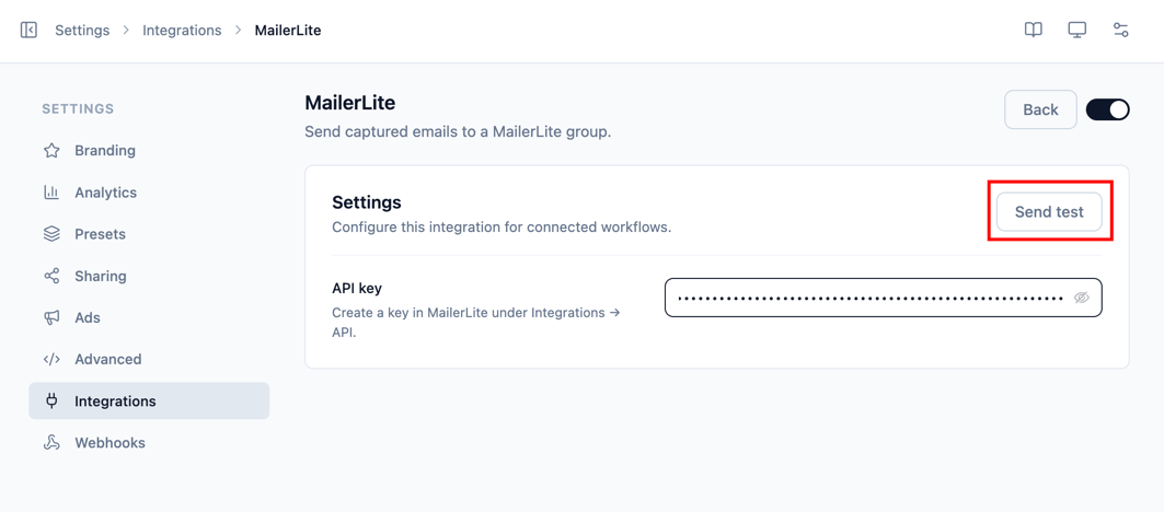 The MailerLite integration settings with the API key field and Send test button